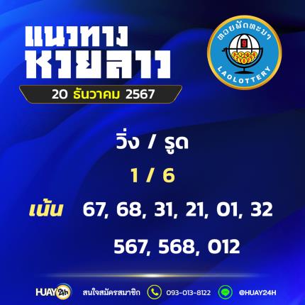 Huay24h แนวทางหวยลาว วันที่ 20/12/67 แนวทาหวยมาเลย์ออนไลน์