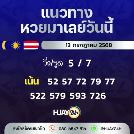 Huay24h แนวทางหวยมาเลย์ วันที่ 13/7/2568 แนวทาหวยมาเลย์ออนไลน์
