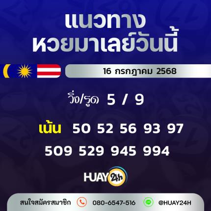 Huay24h แนวทางหวยมาเลย์ วันที่ 16/7/2568 แนวทาหวยมาเลย์ออนไลน์